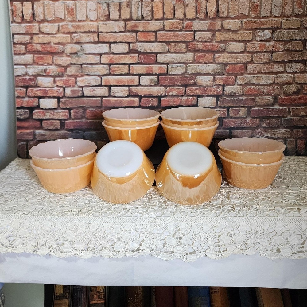 Vintage FireKing Peach Lustre Swirl Milk Glass Dessert Bowls Set 10 USA Orange